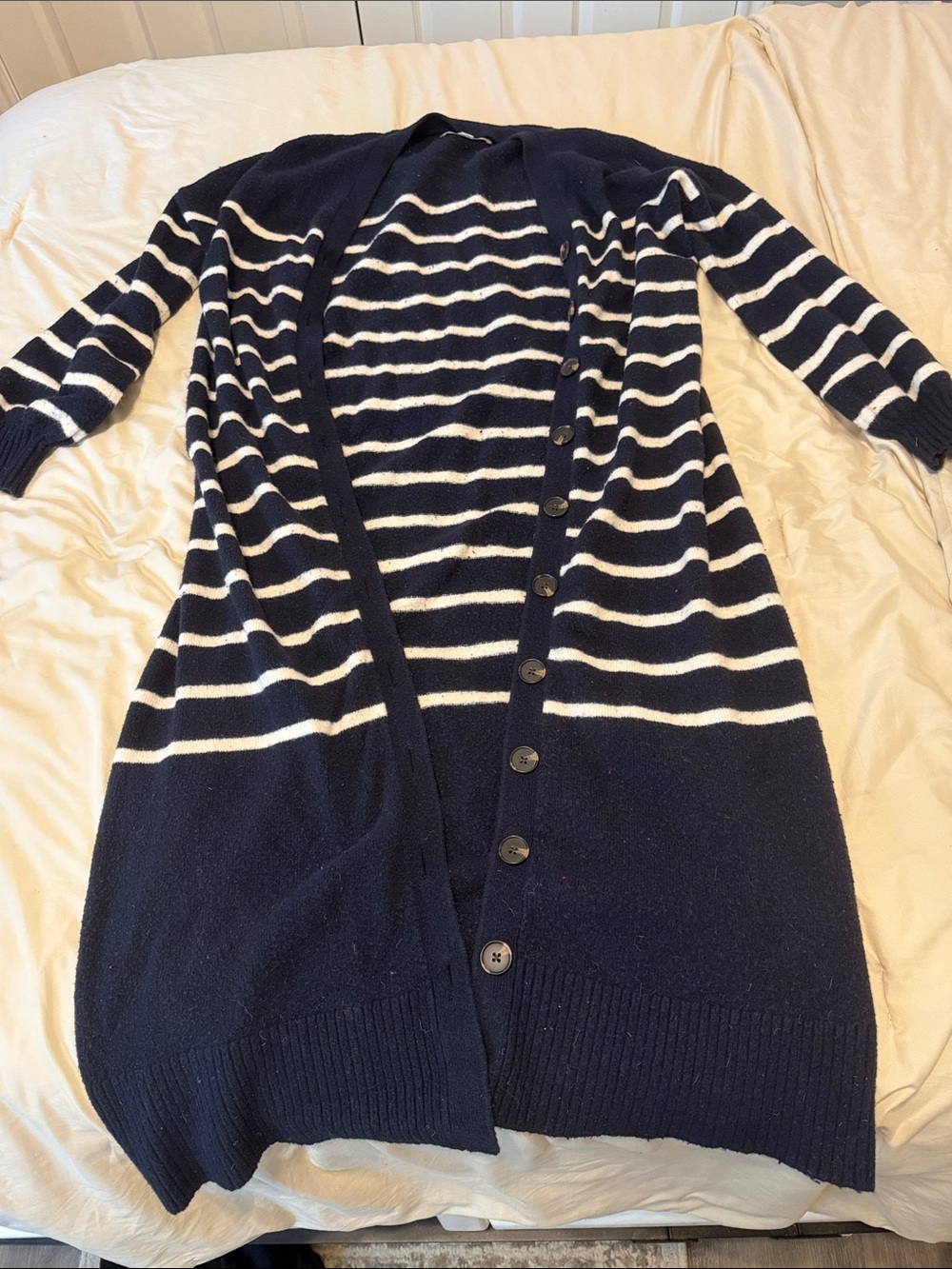 LOFT Navy and White Striped Long Button Cardigan